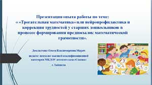 Презентация опыта работы «Трогательная математика» или нейропрофилактика и коррекция трудностей у старших дошкольников в процессе формирования предпосылок математической грамотности».